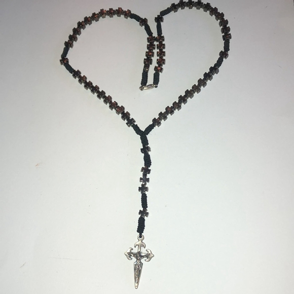 Vintage Silver Tone & Dark Metal Tone Beaded Boho Religious Cross Necklace - Picture 4 of 6